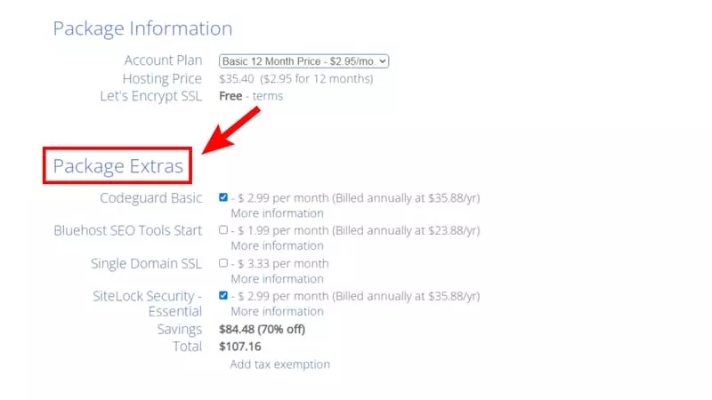 Bluehost Package Extras